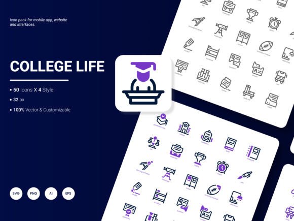 College Life Icon Pack: A Graphic Design Asset for Handmade Creations