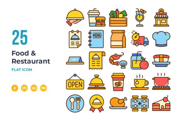 Food and Restaurant Icon Set in Flat for Local Business Branding
